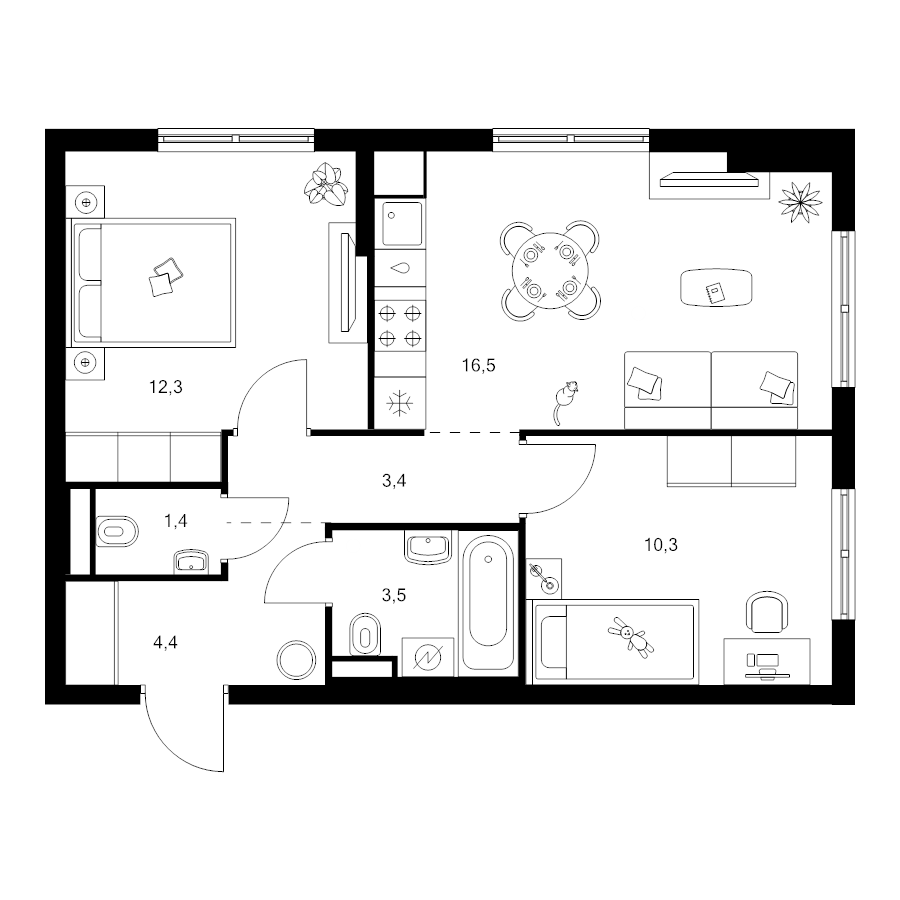 3 ккв (Евро) 51,8 м²