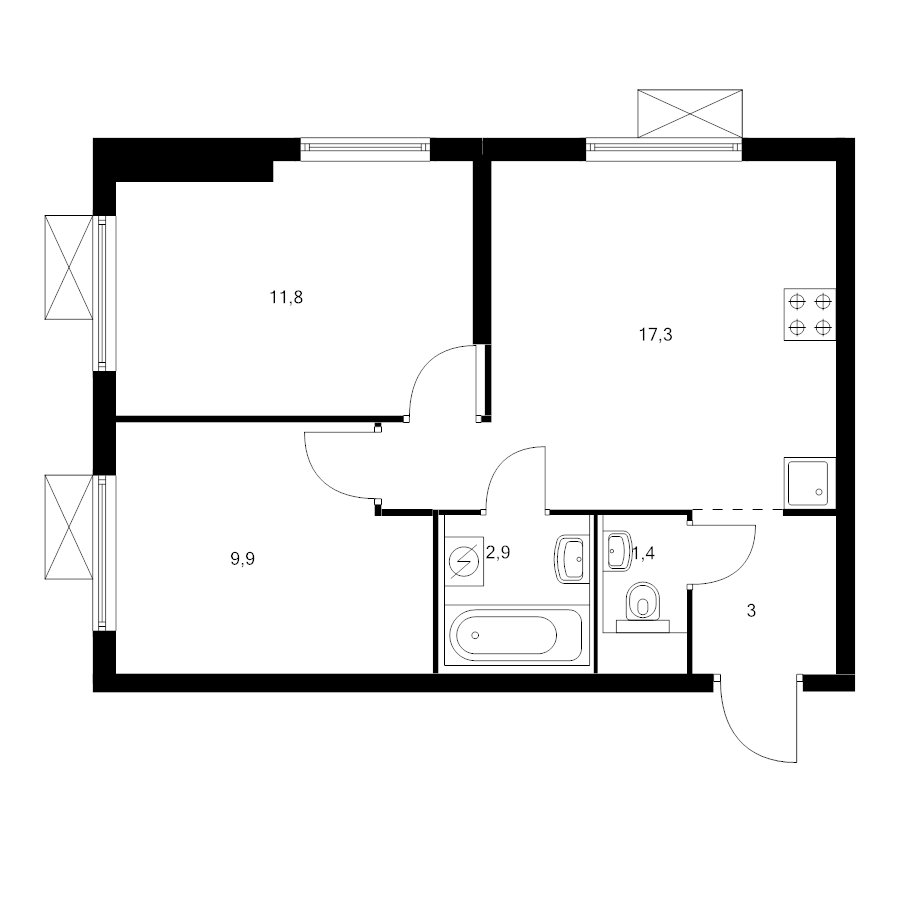 3 ккв (Евро) 45,2 м²