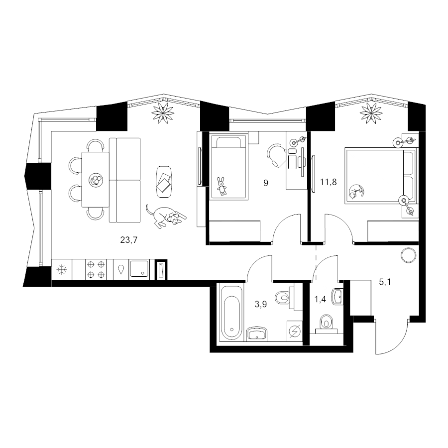 3 ккв (Евро) 54,9 м²