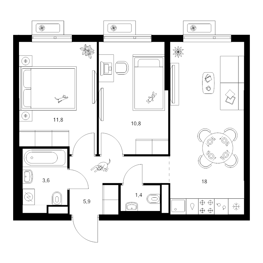 3 ккв (Евро) 51,5 м²