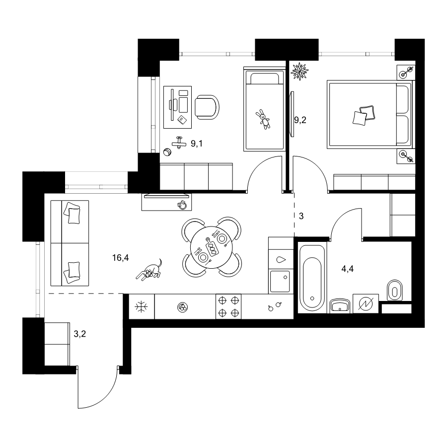 3 ккв (Евро) 45,3 м²