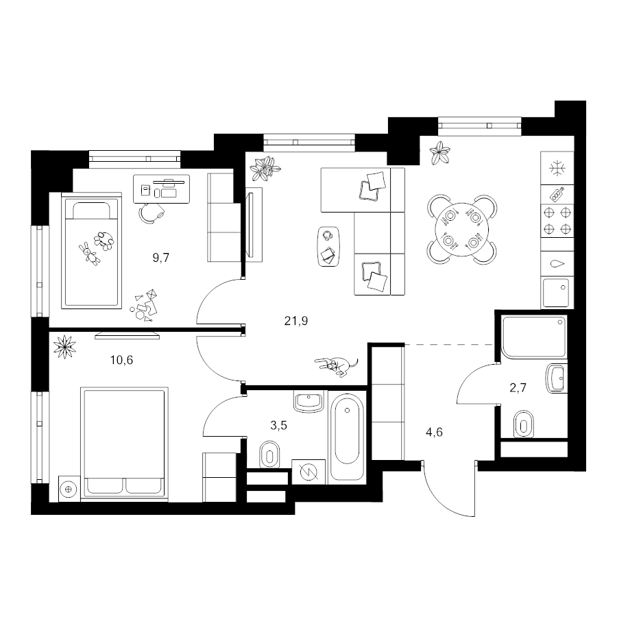 3 ккв (Евро) 53 м²