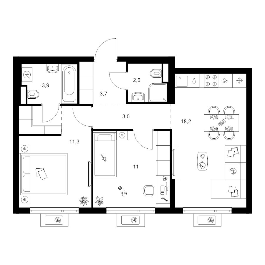 3 ккв (Евро) 56,6 м²