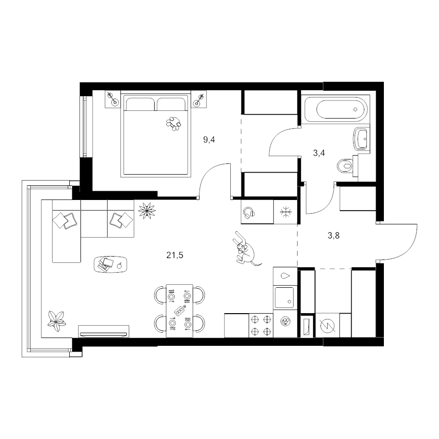 2 ккв (Евро) 44,4 м²