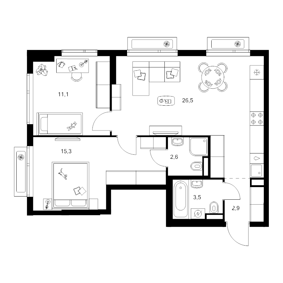 3 ккв (Евро) 61,9 м²