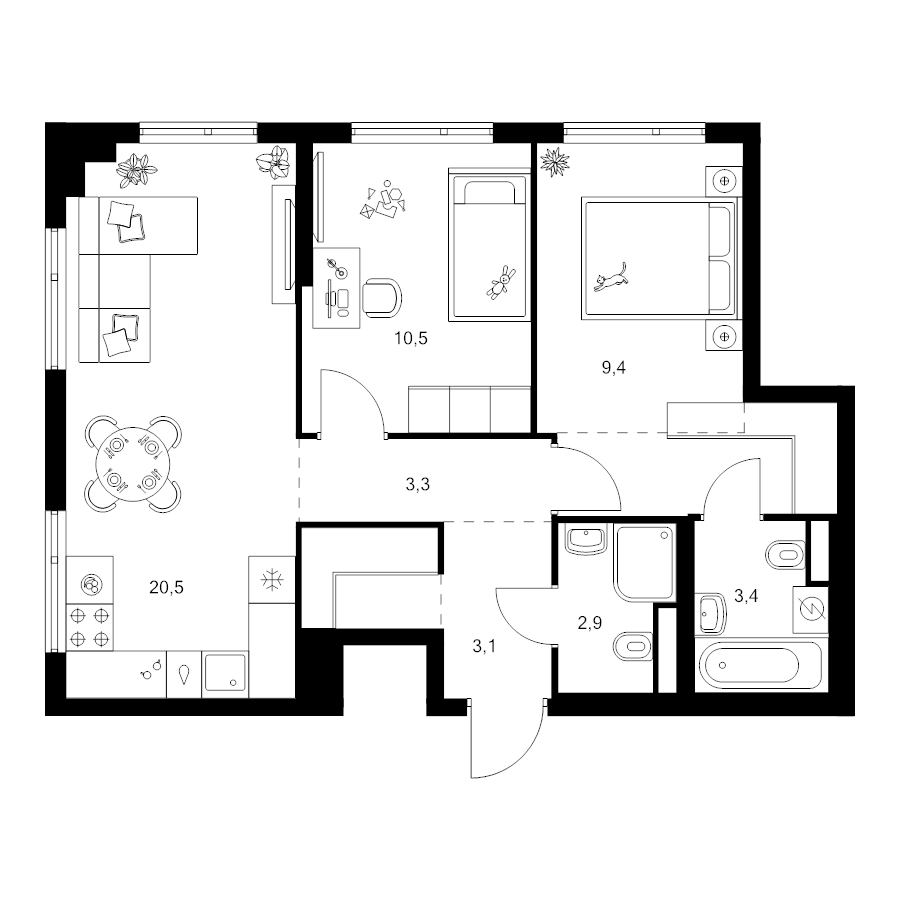 3 ккв (Евро) 59,9 м²