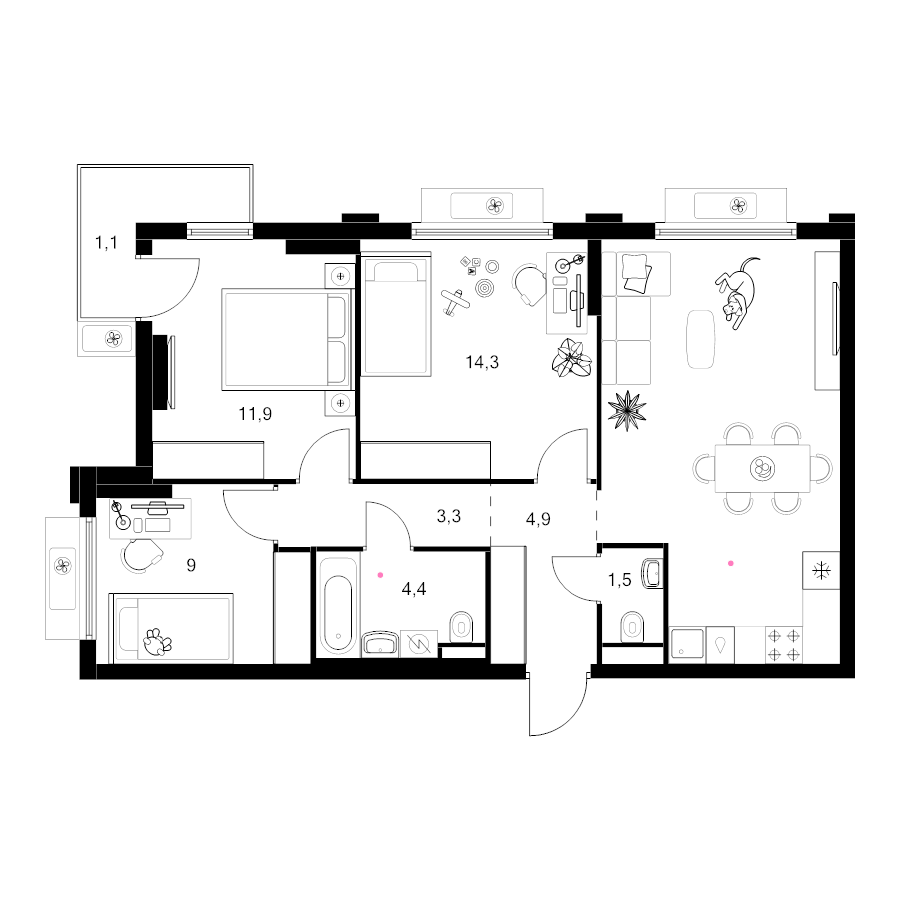 4 ккв (Евро) 74,3 м²