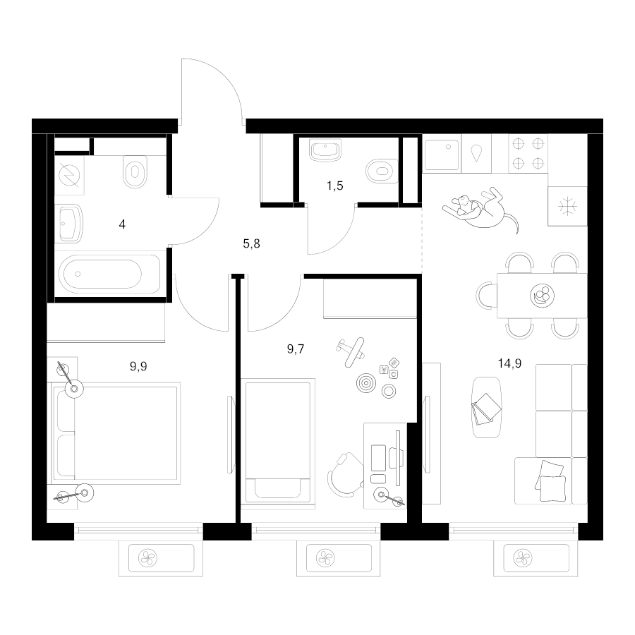 3 ккв (Евро) 45,8 м²