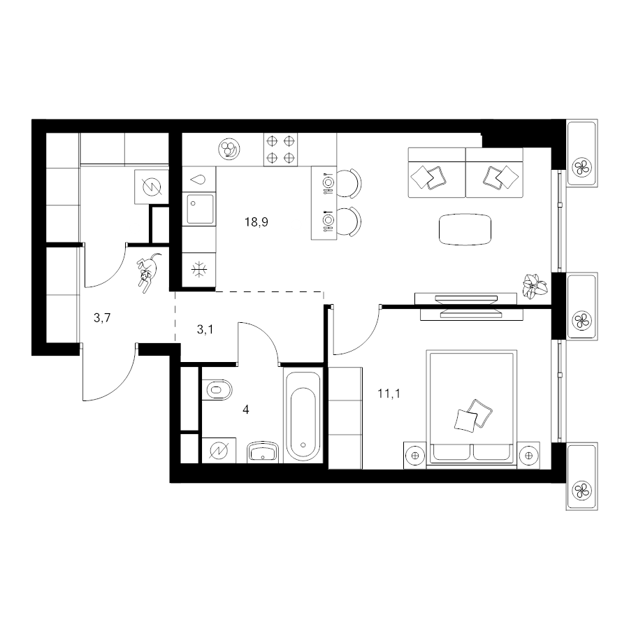 2 ккв (Евро) 44,8 м²