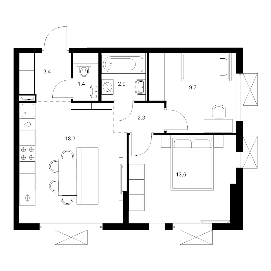 3 ккв (Евро) 51,2 м²