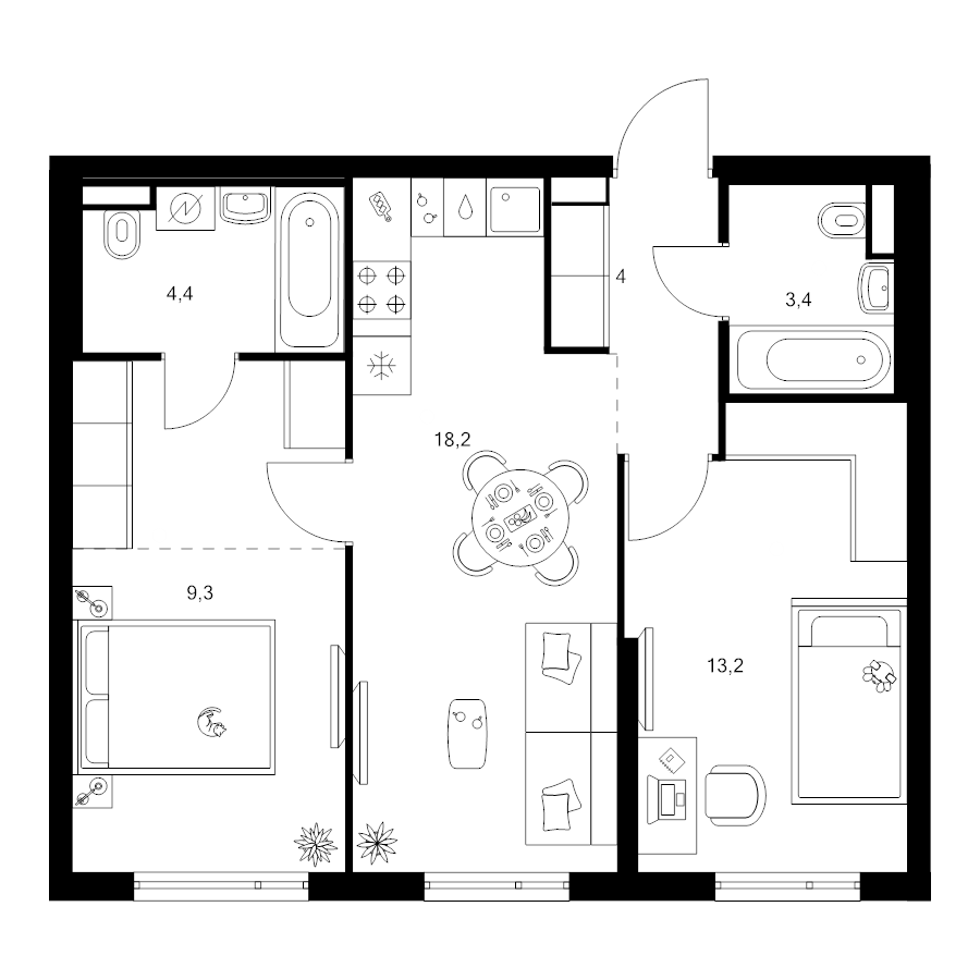 3 ккв (Евро) 58 м²