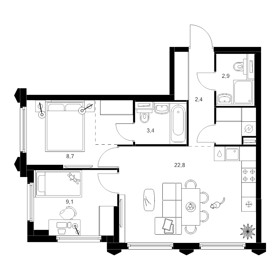 3 ккв (Евро) 57,5 м²