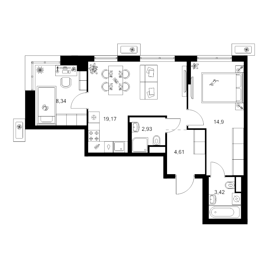 3 ккв (Евро) 53,4 м²