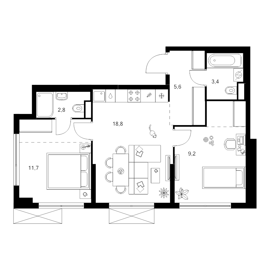 3 ккв (Евро) 57,2 м²