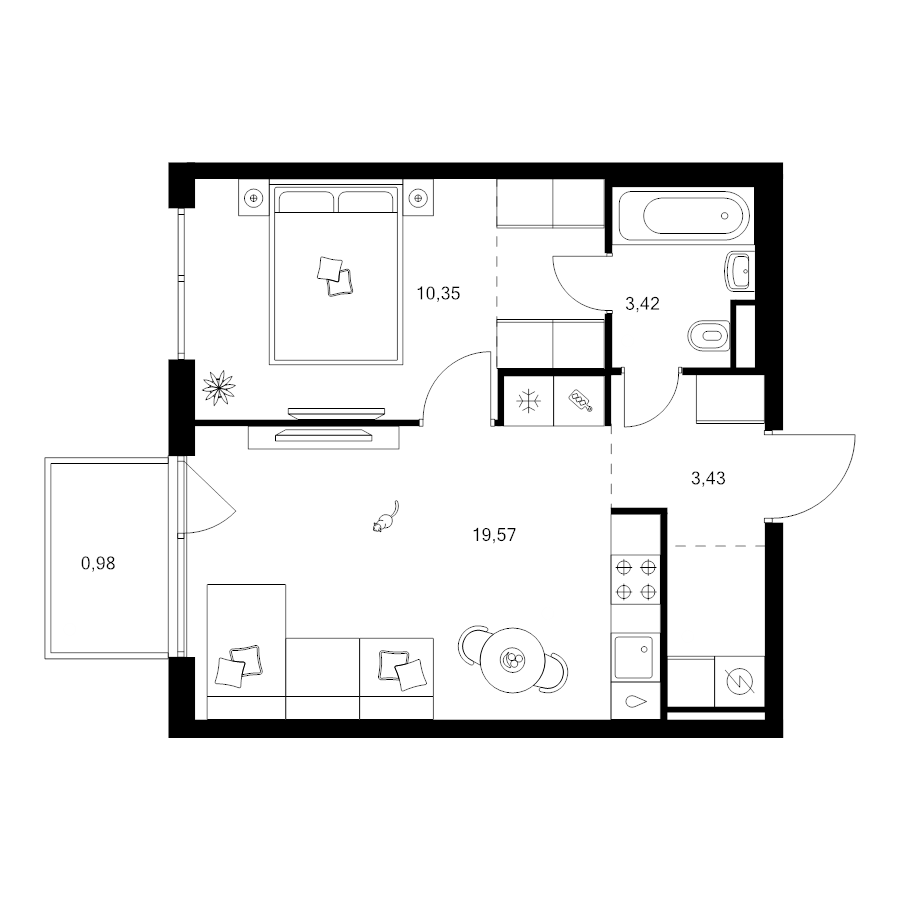 2 ккв (Евро) 42,9 м²