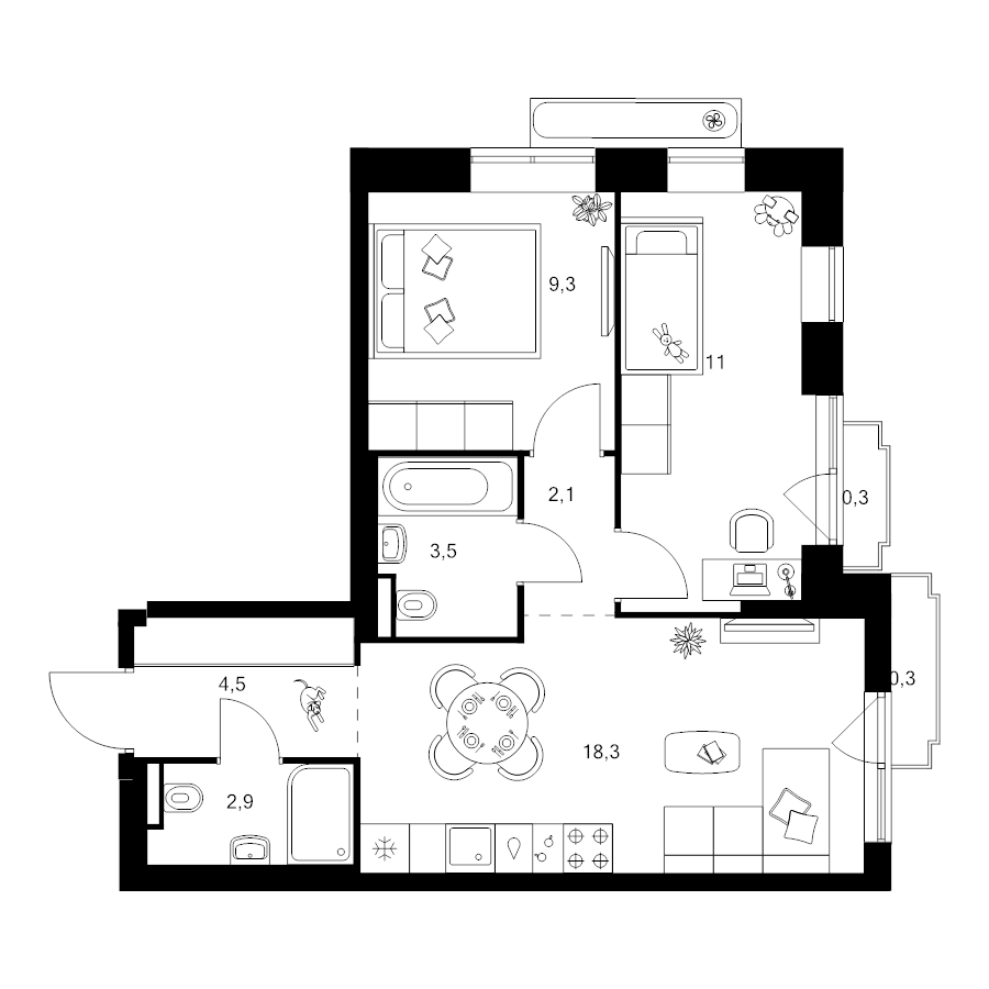3 ккв (Евро) 52,2 м²