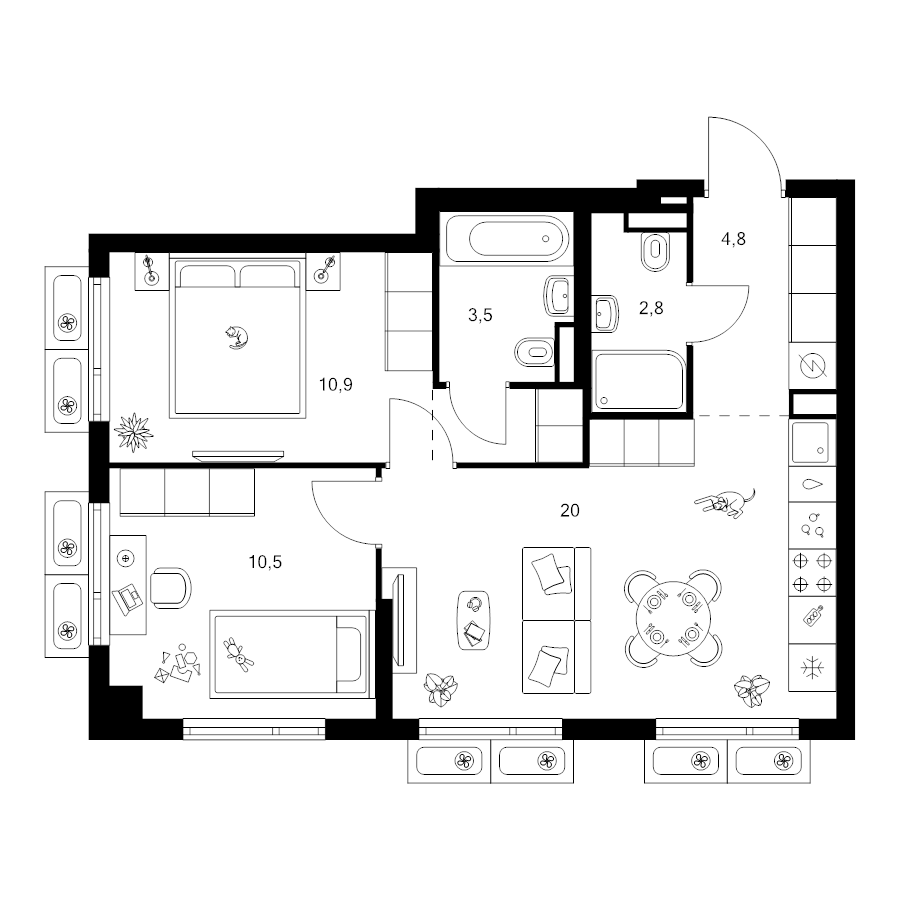 3 ккв (Евро) 54,3 м²