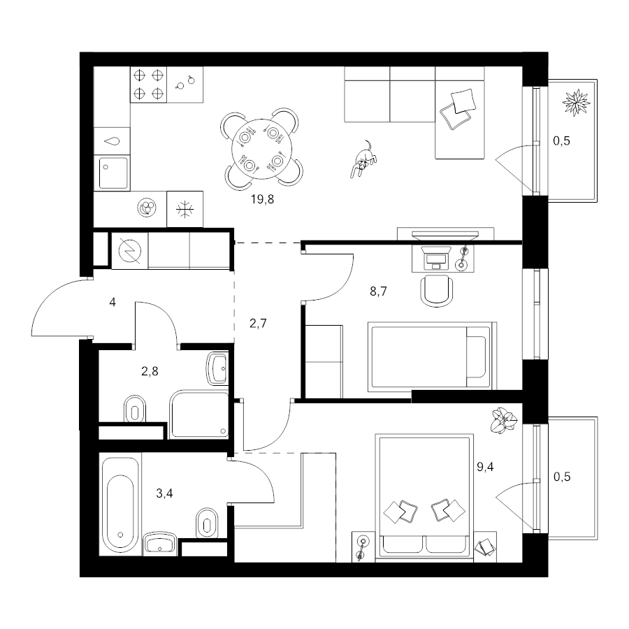 3 ккв (Евро) 54,9 м²