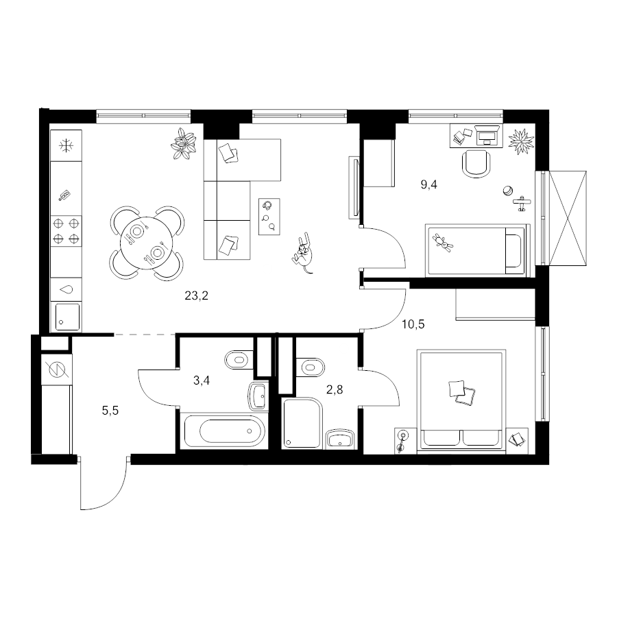 3 ккв (Евро) 54,8 м²