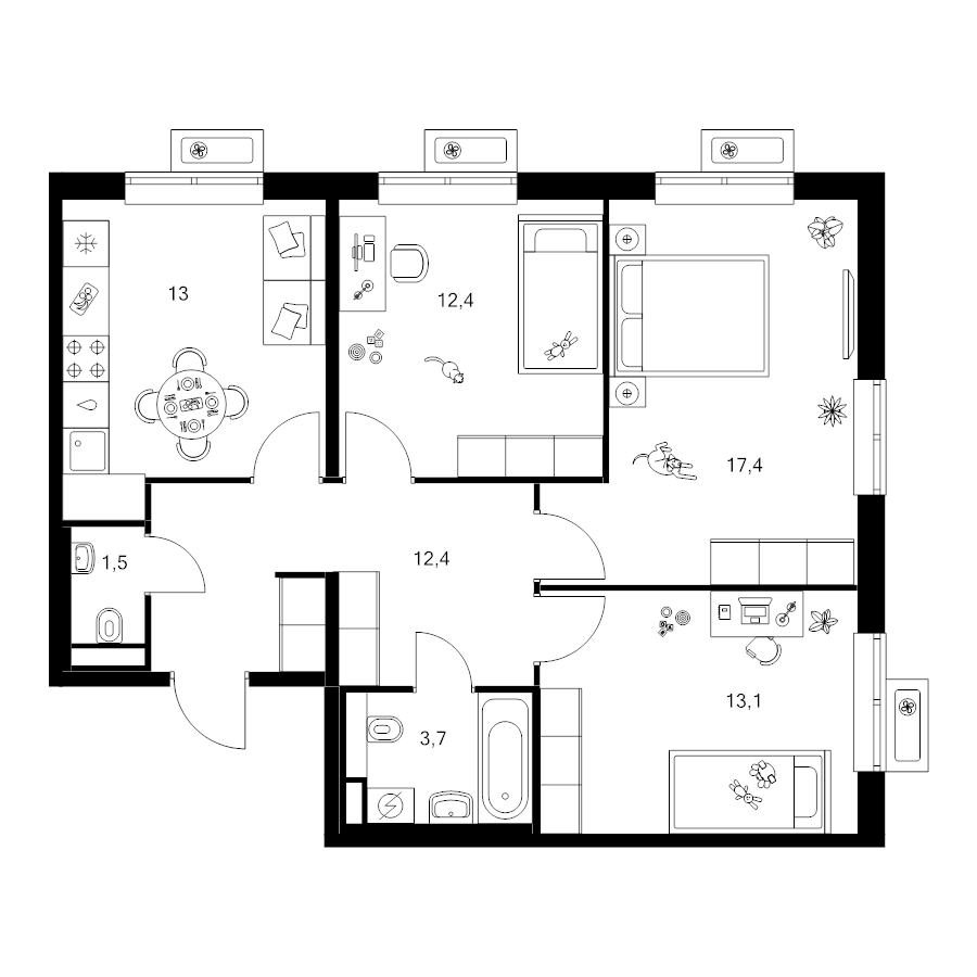 3 ккв 73,5 м²