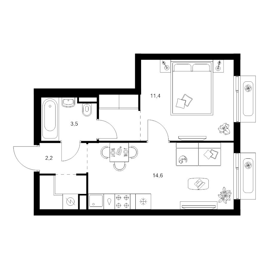 1 ккв 36,8 м²