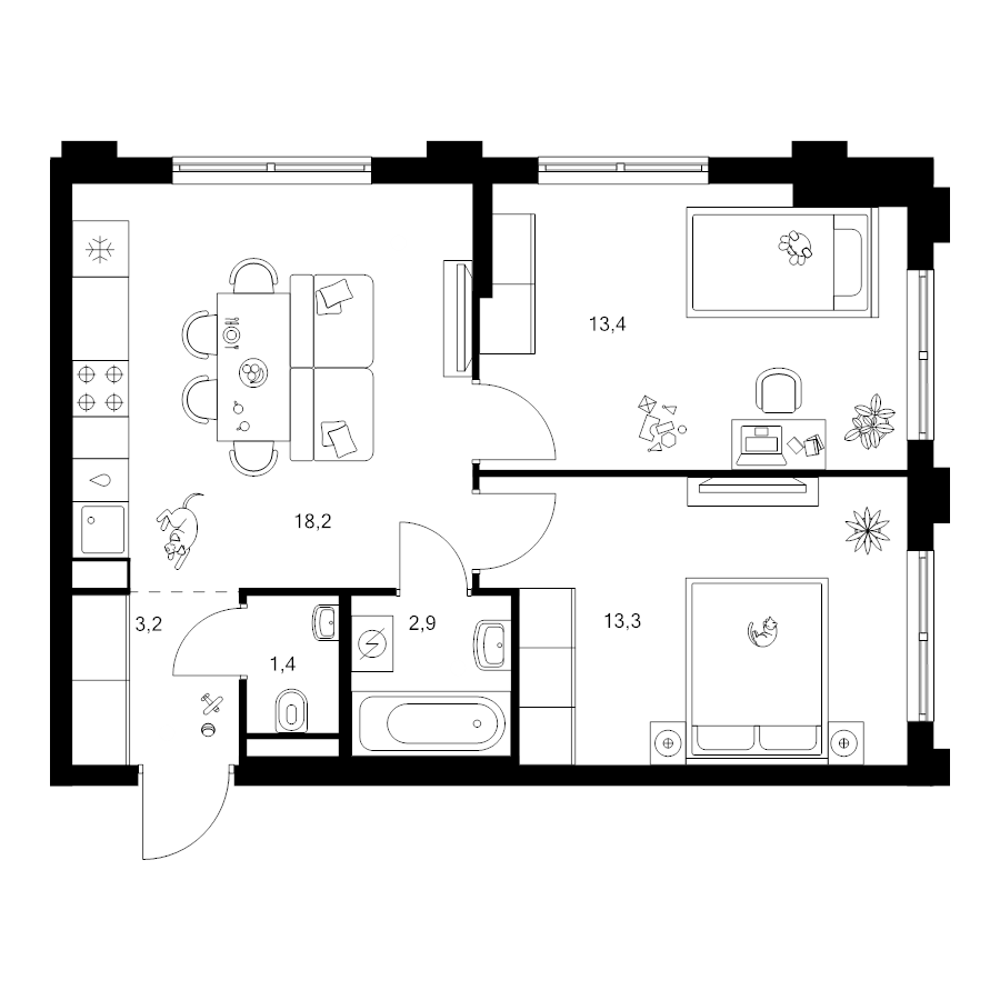 2 ккв (Евро) 52,4 м²