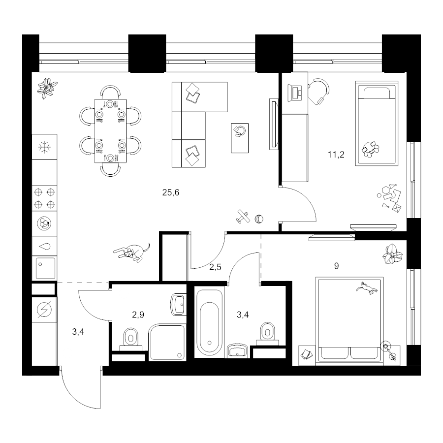 3 ккв (Евро) 58 м²