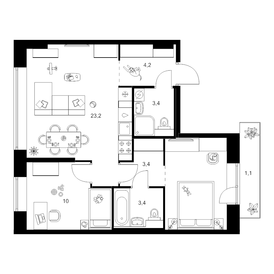 3 ккв (Евро) 59,6 м²