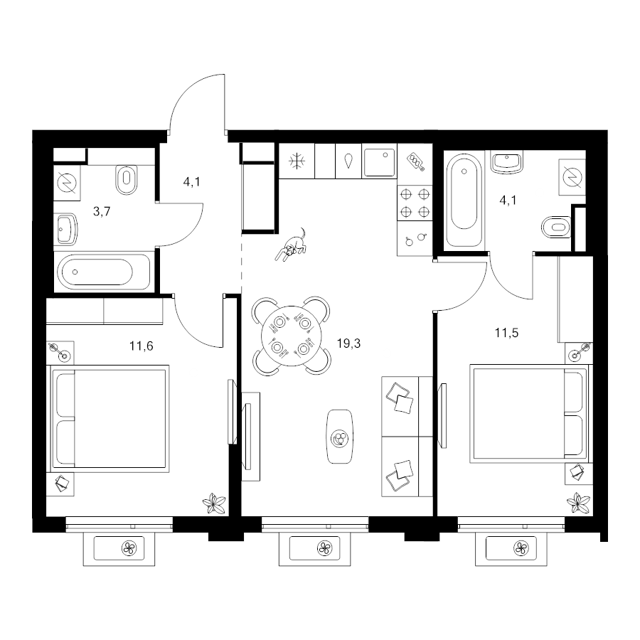 3 ккв (Евро) 54,3 м²