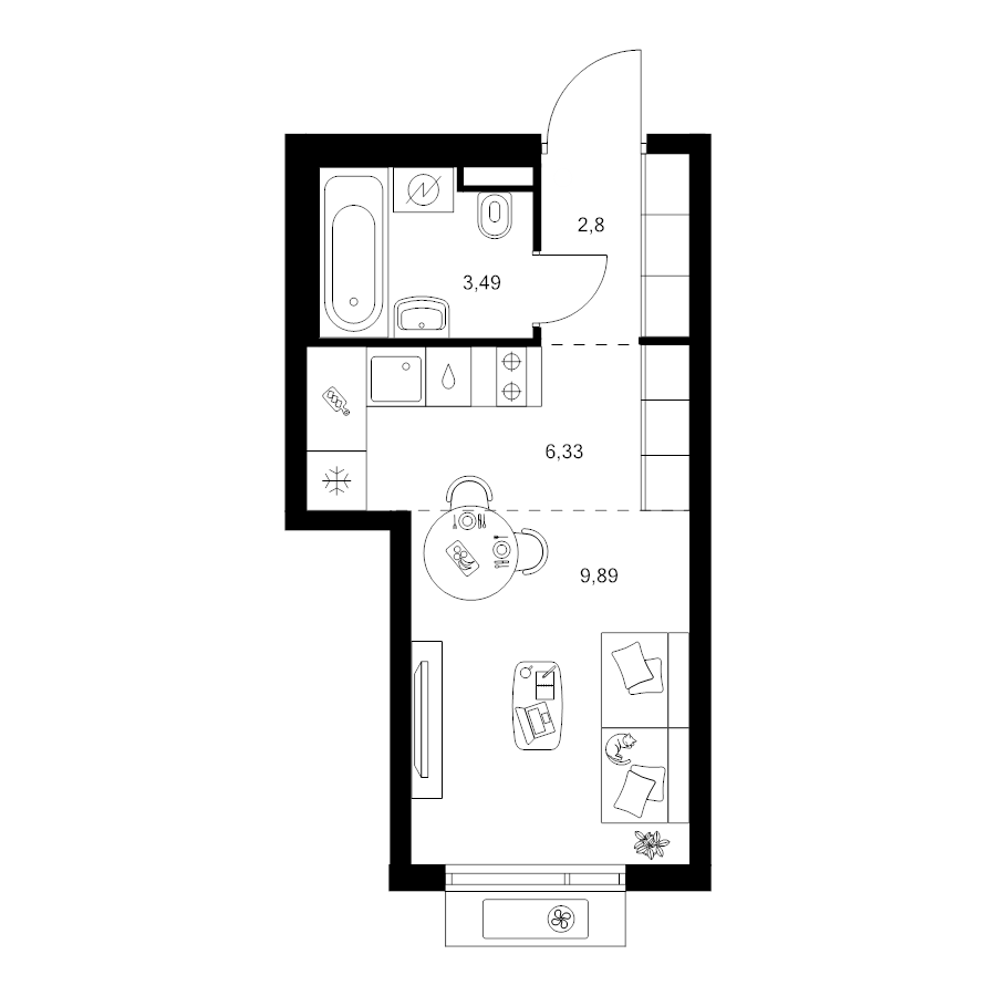 Студия 22,5 м²