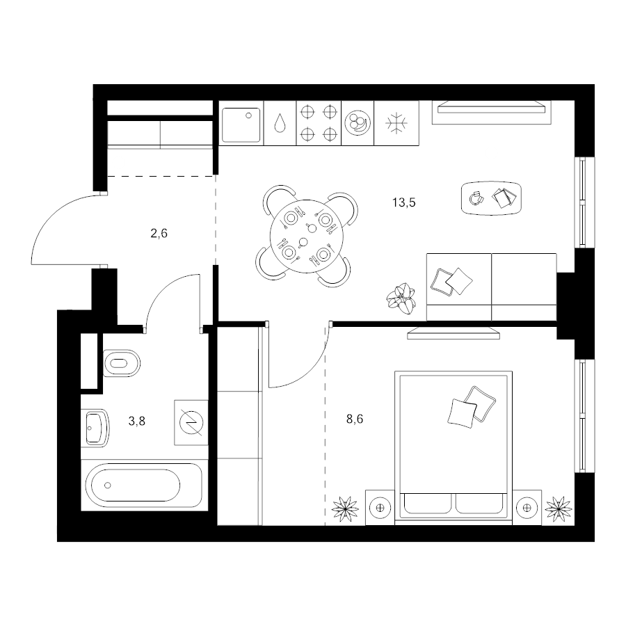 1 ккв 33,8 м²
