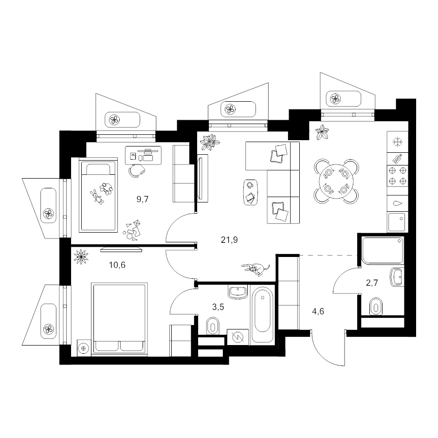 3 ккв (Евро) 53 м²