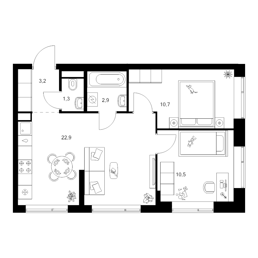 3 ккв (Евро) 51,5 м²