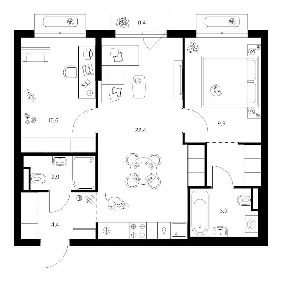 3 ккв (Евро) 57,4 м²