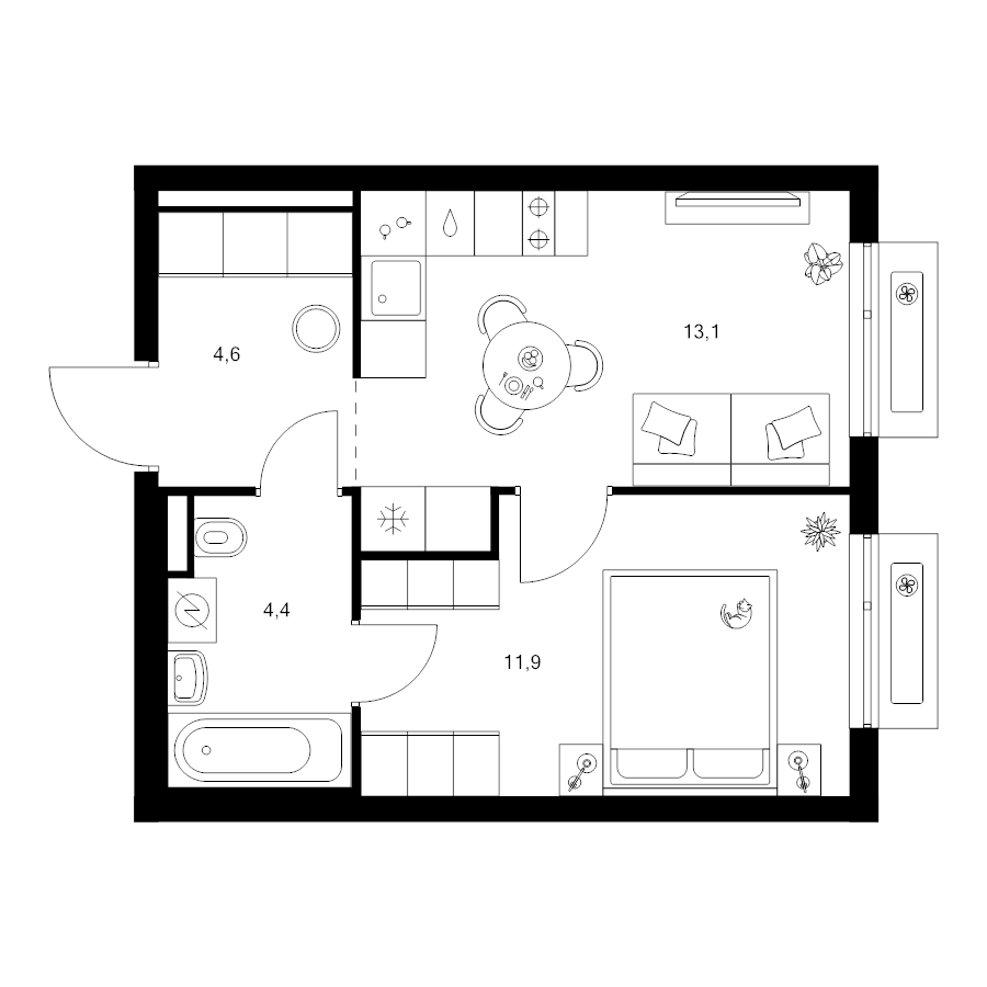 1 ккв 34 м²