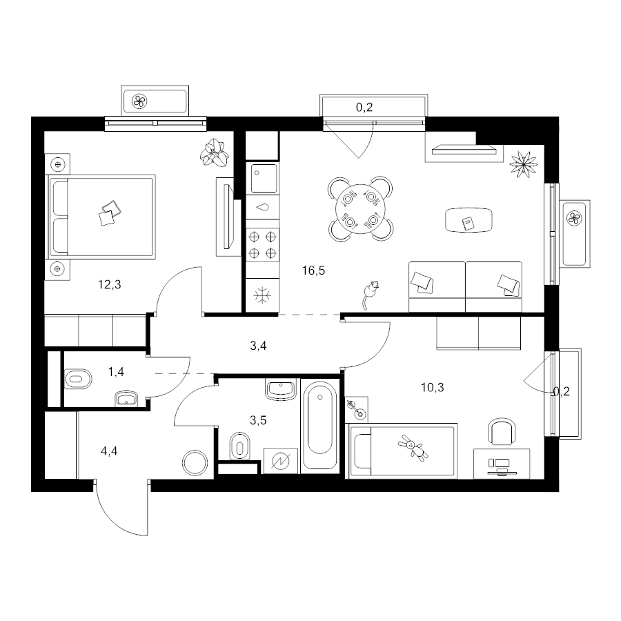 3 ккв (Евро) 52,2 м²