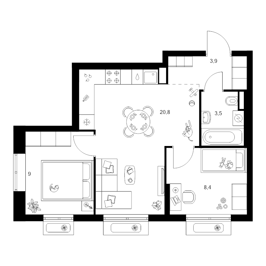3 ккв (Евро) 45,6 м²