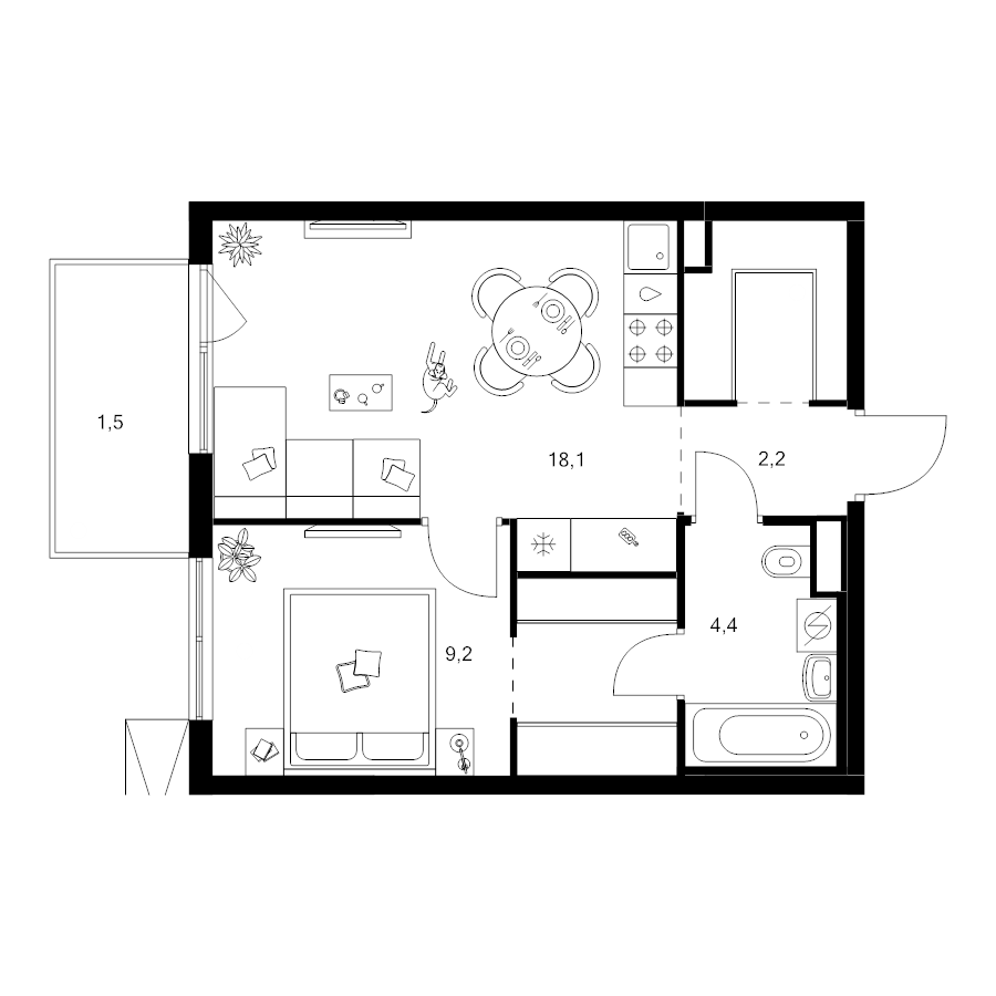 2 ккв (Евро) 42,6 м²