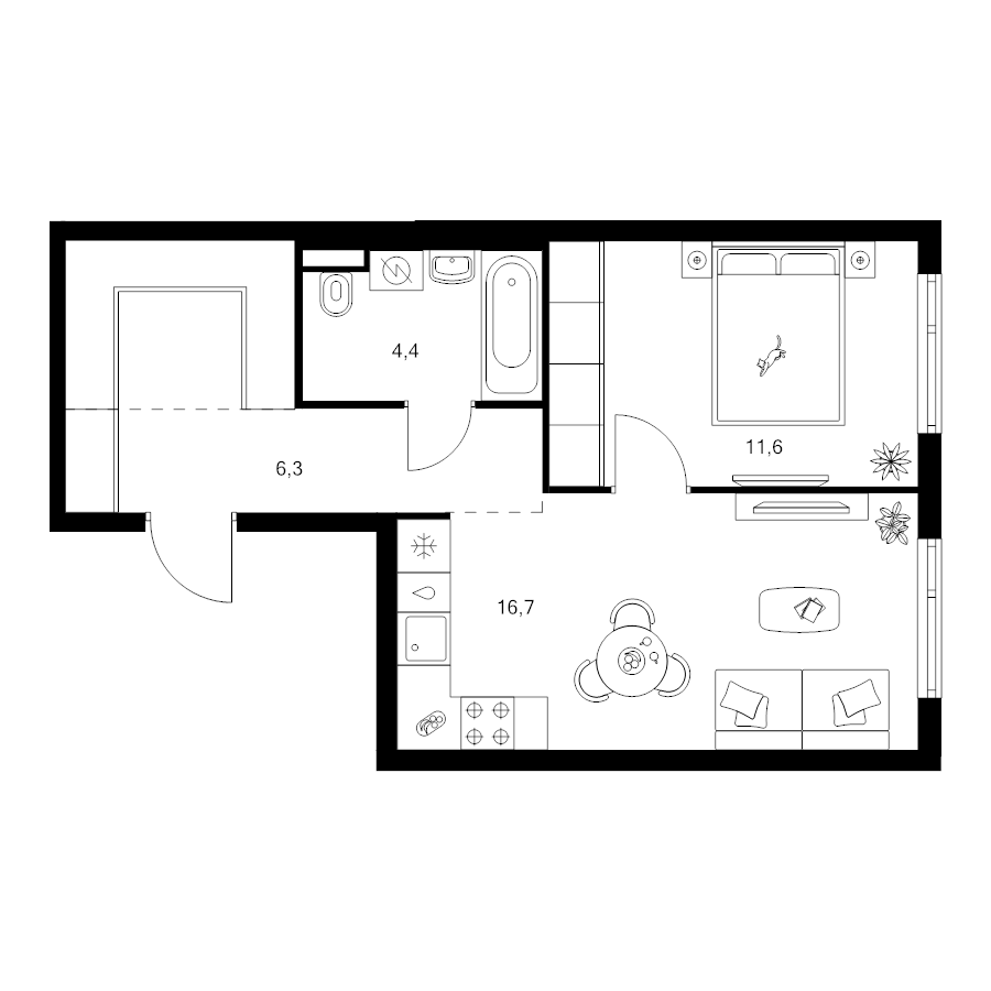 2 ккв (Евро) 44 м²