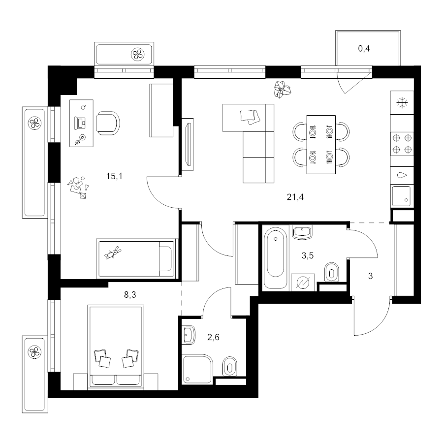 3 ккв (Евро) 58,8 м²