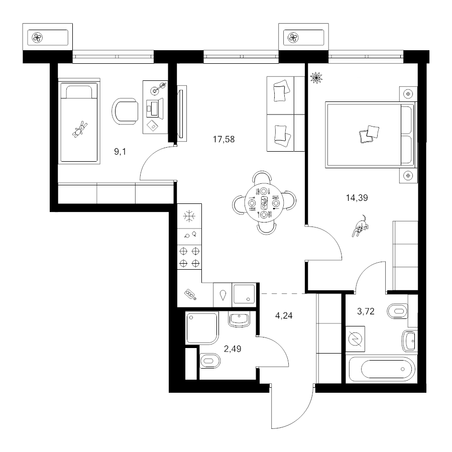3 ккв (Евро) 51,3 м²
