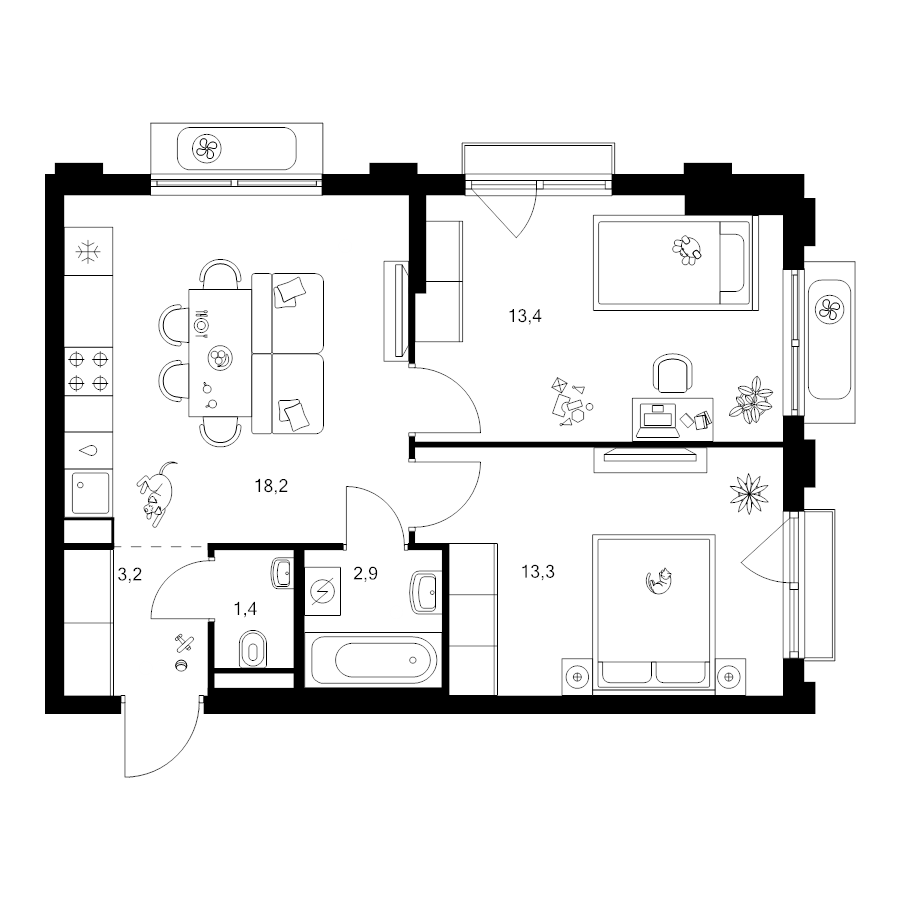 3 ккв (Евро) 52,8 м²