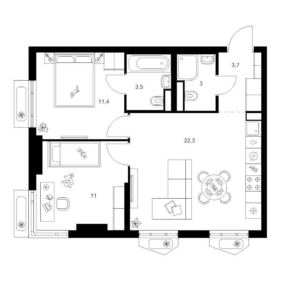 3 ккв (Евро) 54,9 м²
