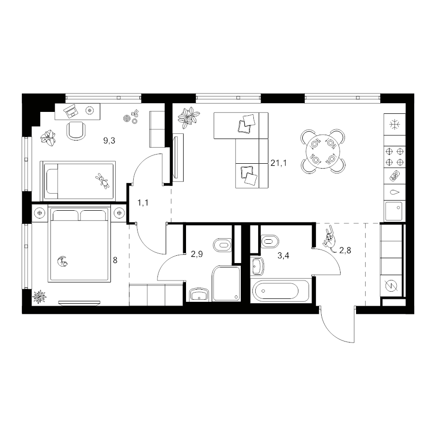 3 ккв (Евро) 53,8 м²