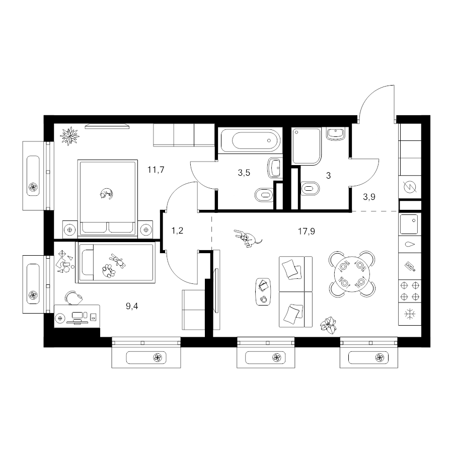 3 ккв (Евро) 50,6 м²