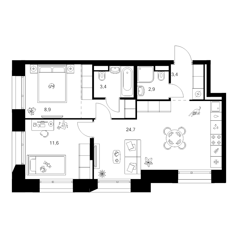 3 ккв (Евро) 59 м²