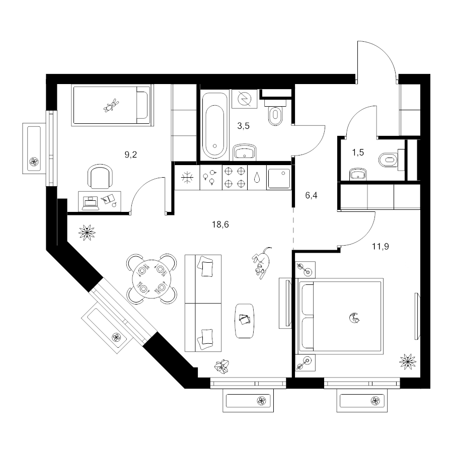 3 ккв (Евро) 51,1 м²