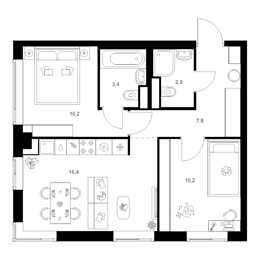 3 ккв (Евро) 50,9 м²