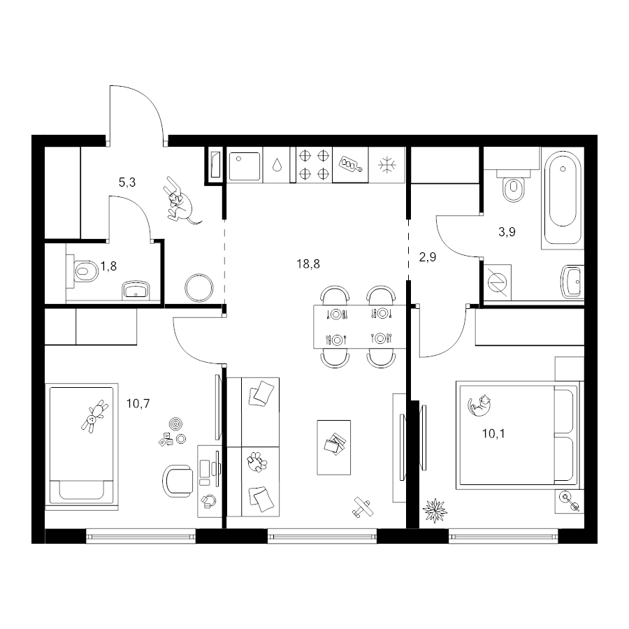 3 ккв (Евро) 53,5 м²