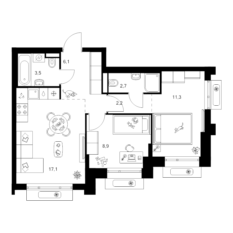 3 ккв (Евро) 51,8 м²